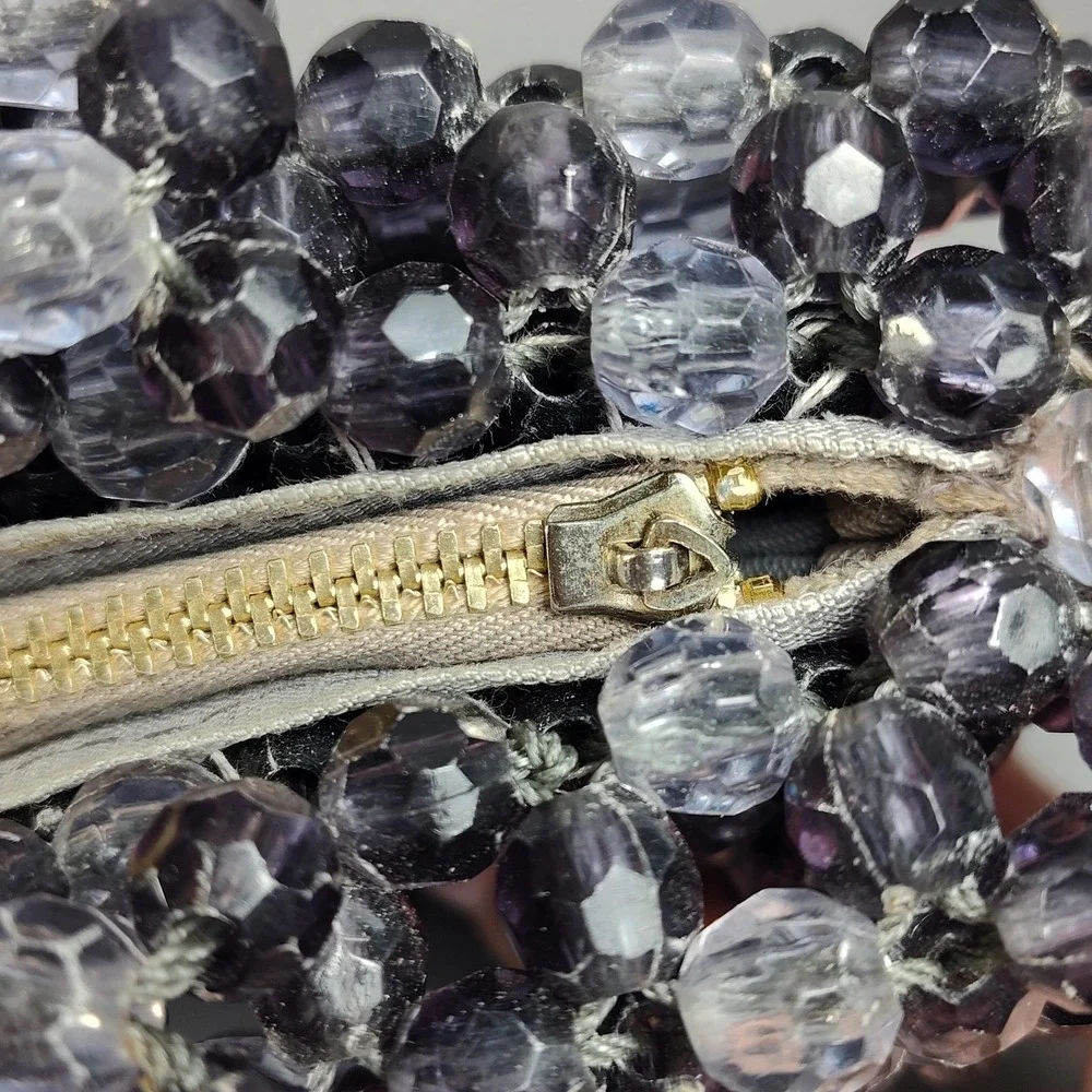 Vintage Crystal Beaded Purse Fauceted Beads Smoke Gray Hong Kong 60s Handmade